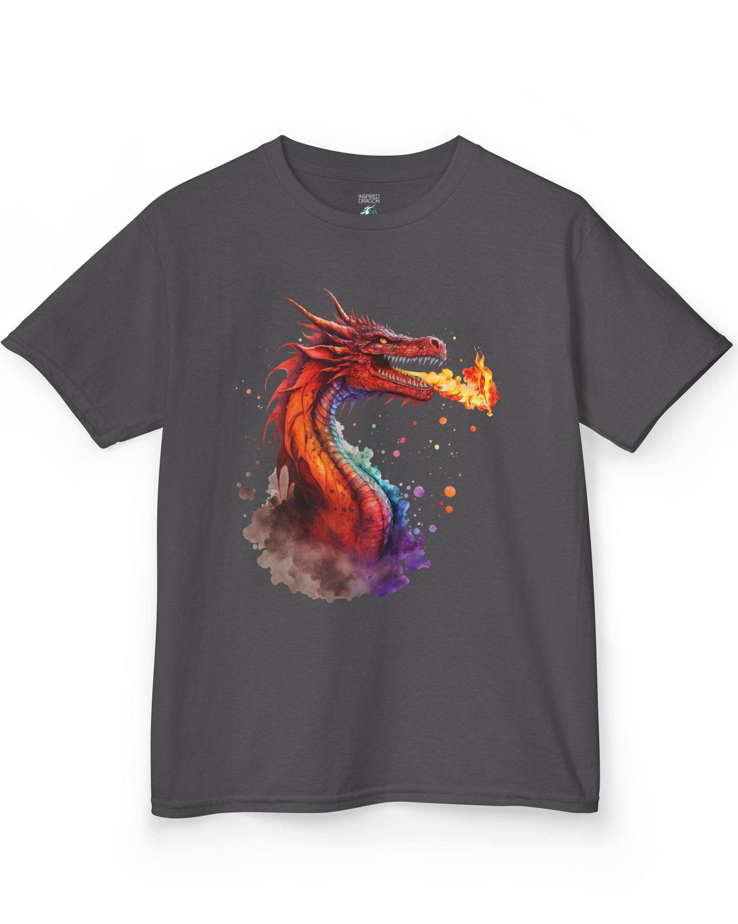 Blazing Fury shirt in charcoal featuring vibrant watercolor art of a fire-breathing dragon in red and orange hues