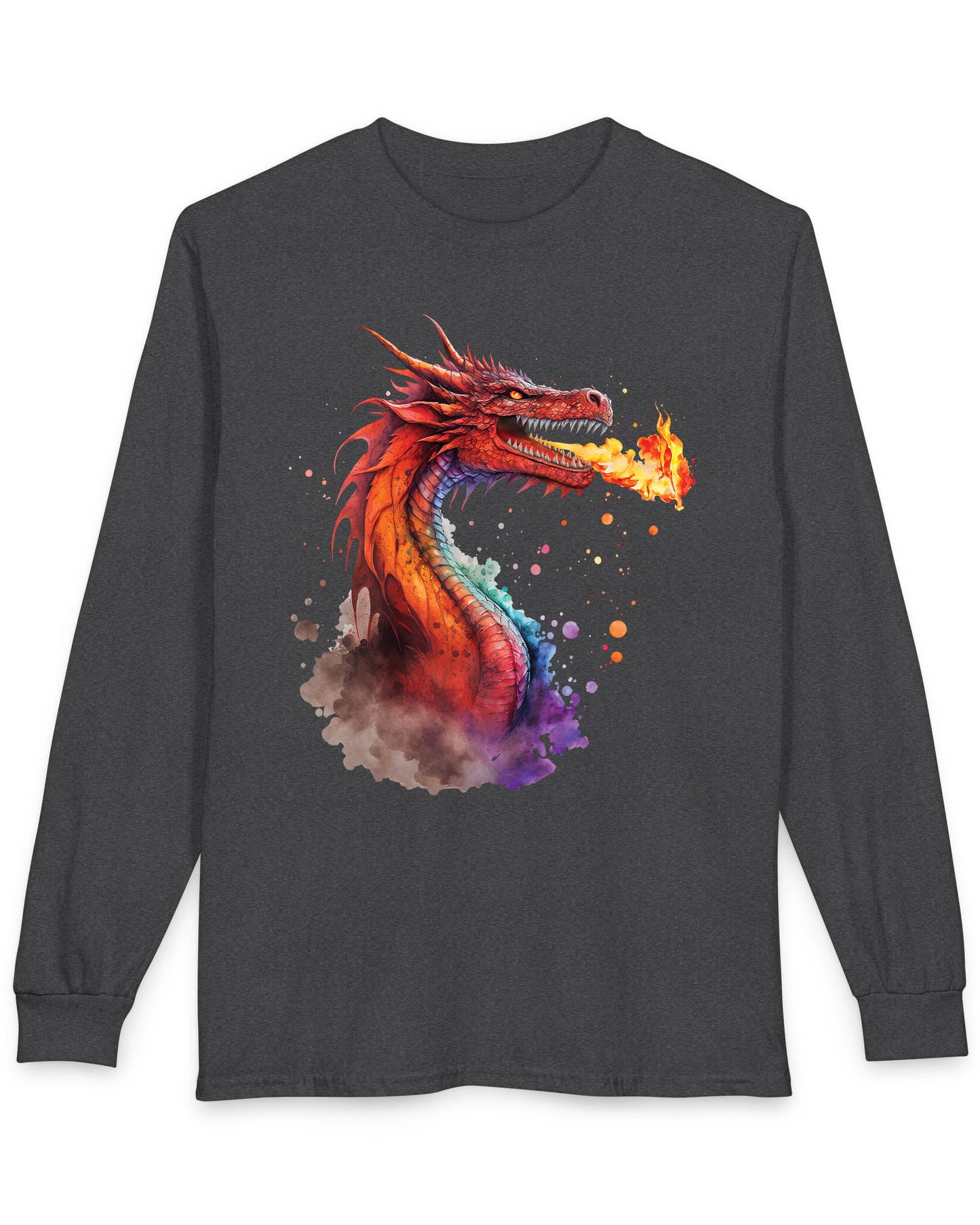 Blazing Fury shirt in dark heather featuring vibrant watercolor art of a fire-breathing dragon in red and orange hues