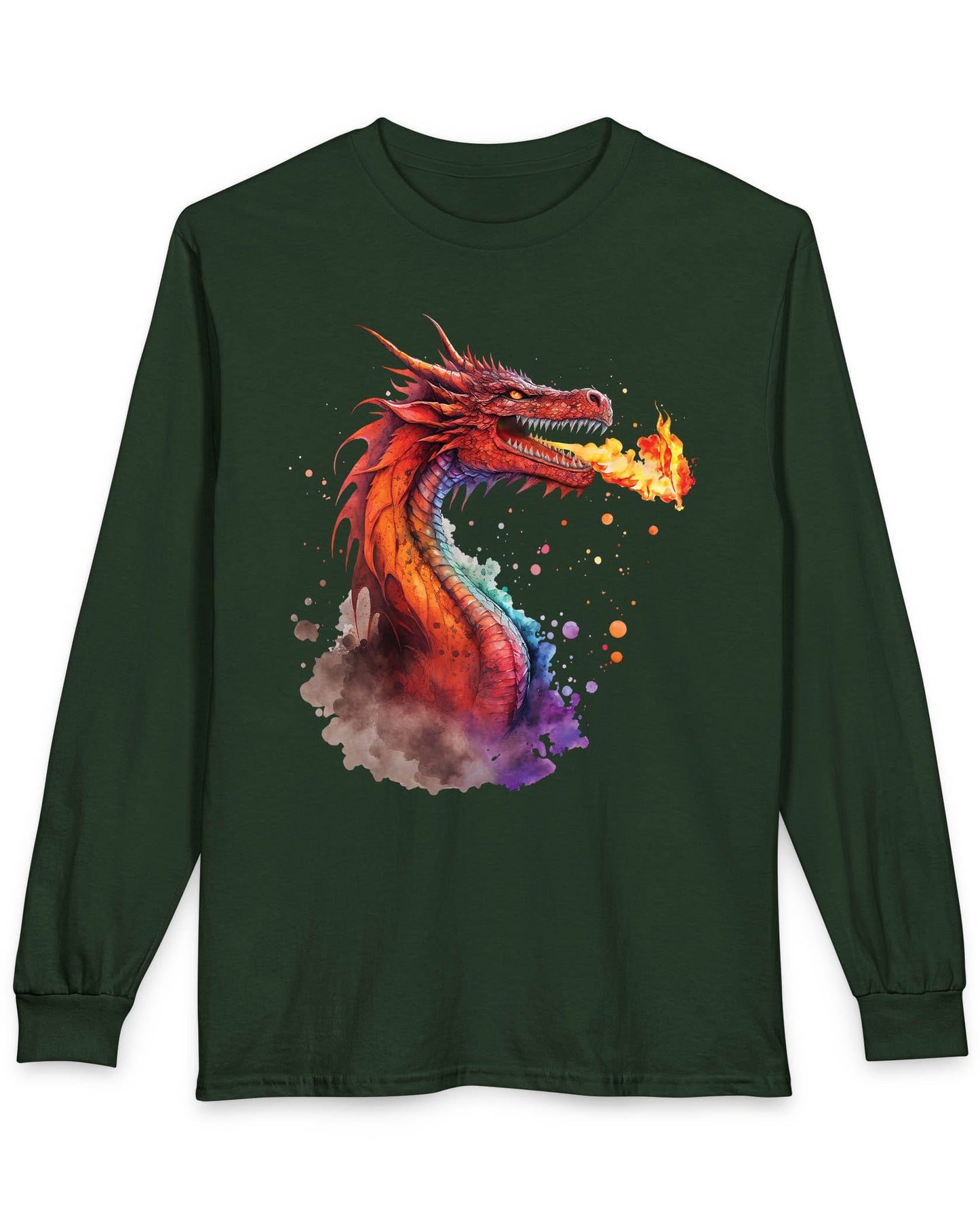 Blazing Fury shirt in forest green featuring vibrant watercolor art of a fire-breathing dragon in red and orange hues