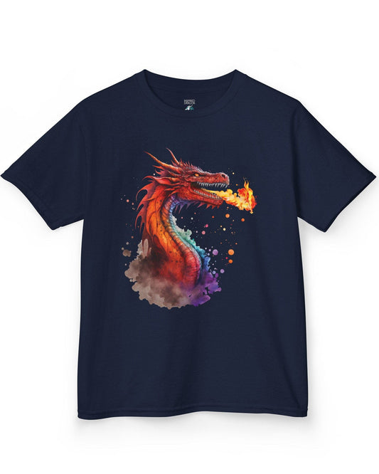 Blazing Fury shirt in navy featuring vibrant watercolor art of a fire-breathing dragon in red and orange hues