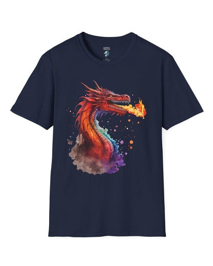 Blazing Fury shirt in navy featuring vibrant watercolor art of a fire-breathing dragon in red and orange hues.
