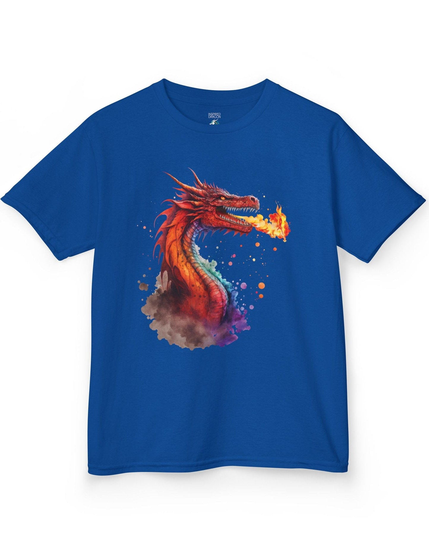 Blazing Fury shirt in royal blue featuring vibrant watercolor art of a fire-breathing dragon in red and orange hues