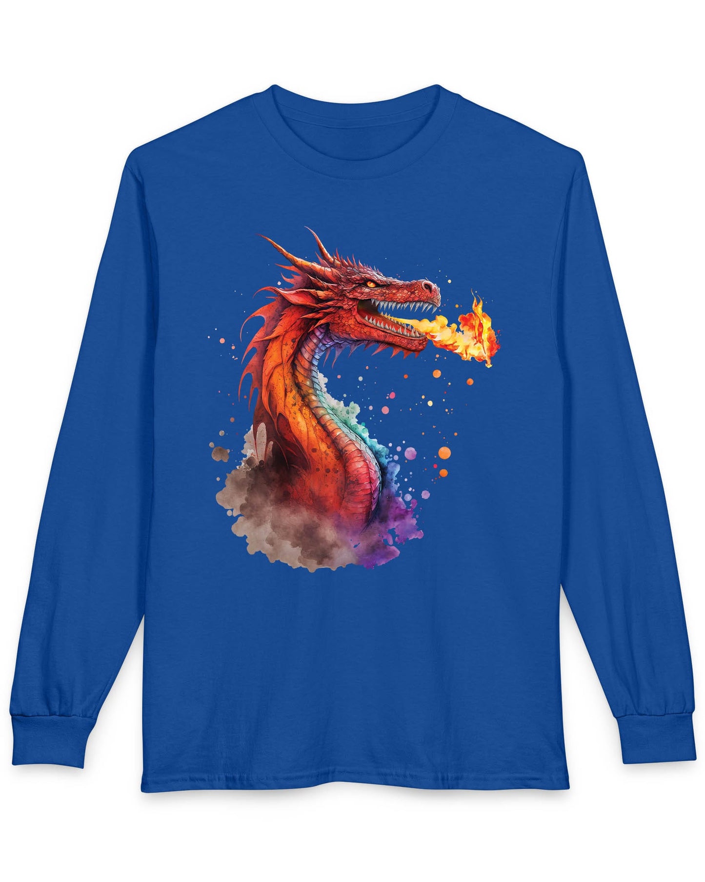 Blazing Fury shirt in royal blue featuring vibrant watercolor art of a fire-breathing dragon in red and orange hues