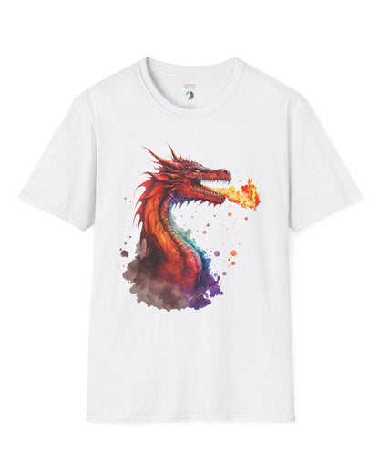 Blazing Fury shirt in white featuring vibrant watercolor art of a fire-breathing dragon in red and orange hues.
