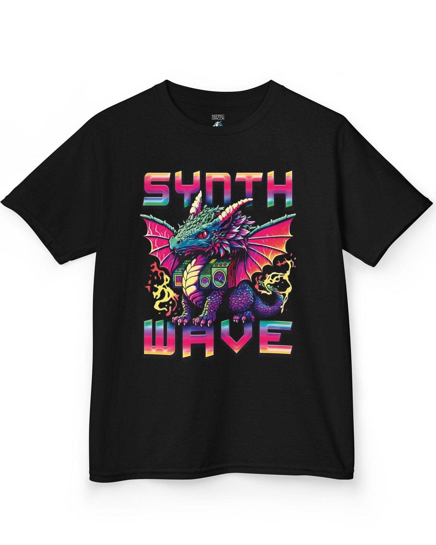 Synthwave Dragon shirt in black featuring the word "SYNTHWAVE" and neon art of a young dragon with a boombox