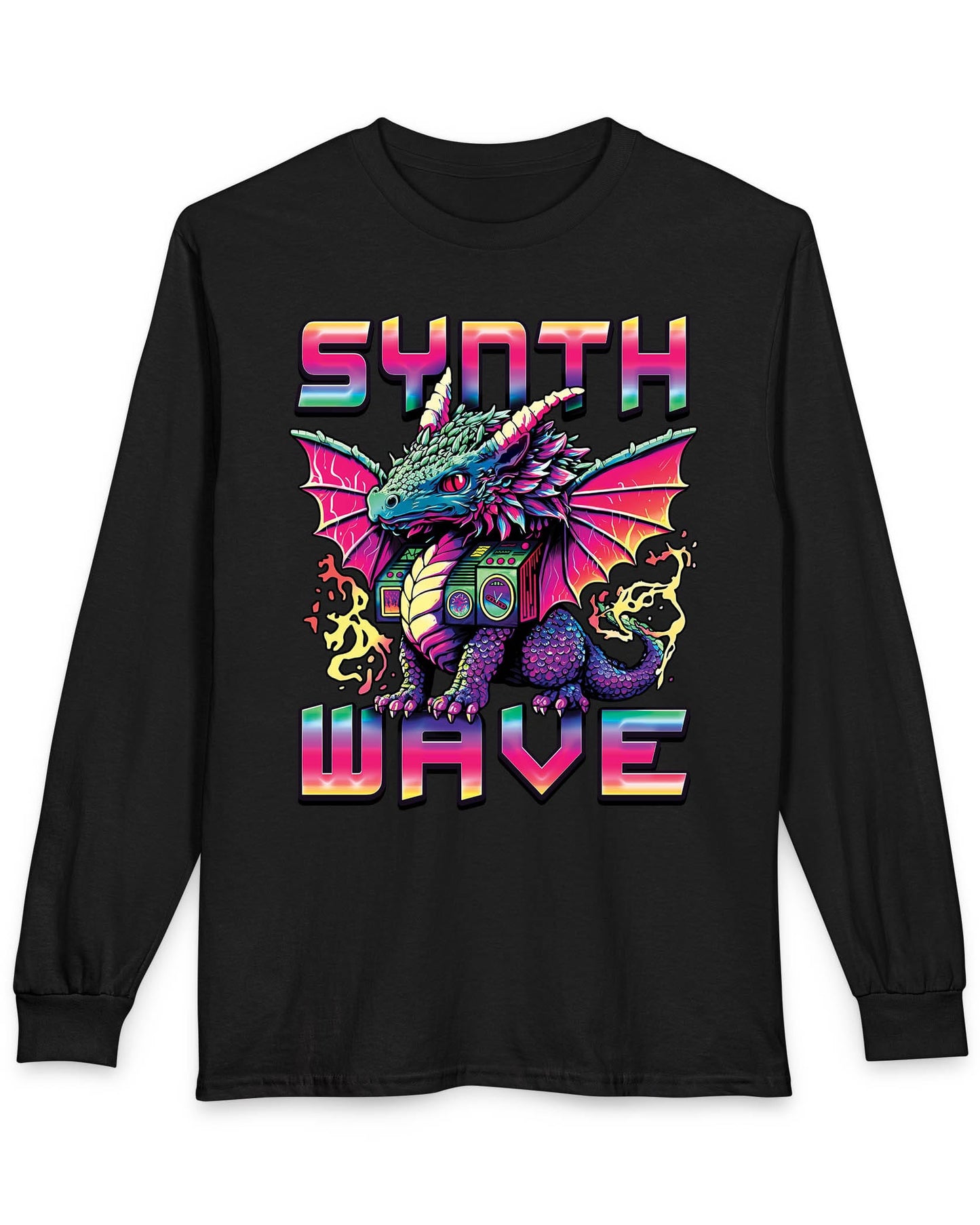 Synthwave Dragon shirt in black featuring the word "SYNTHWAVE" and neon art of a young dragon with a boombox