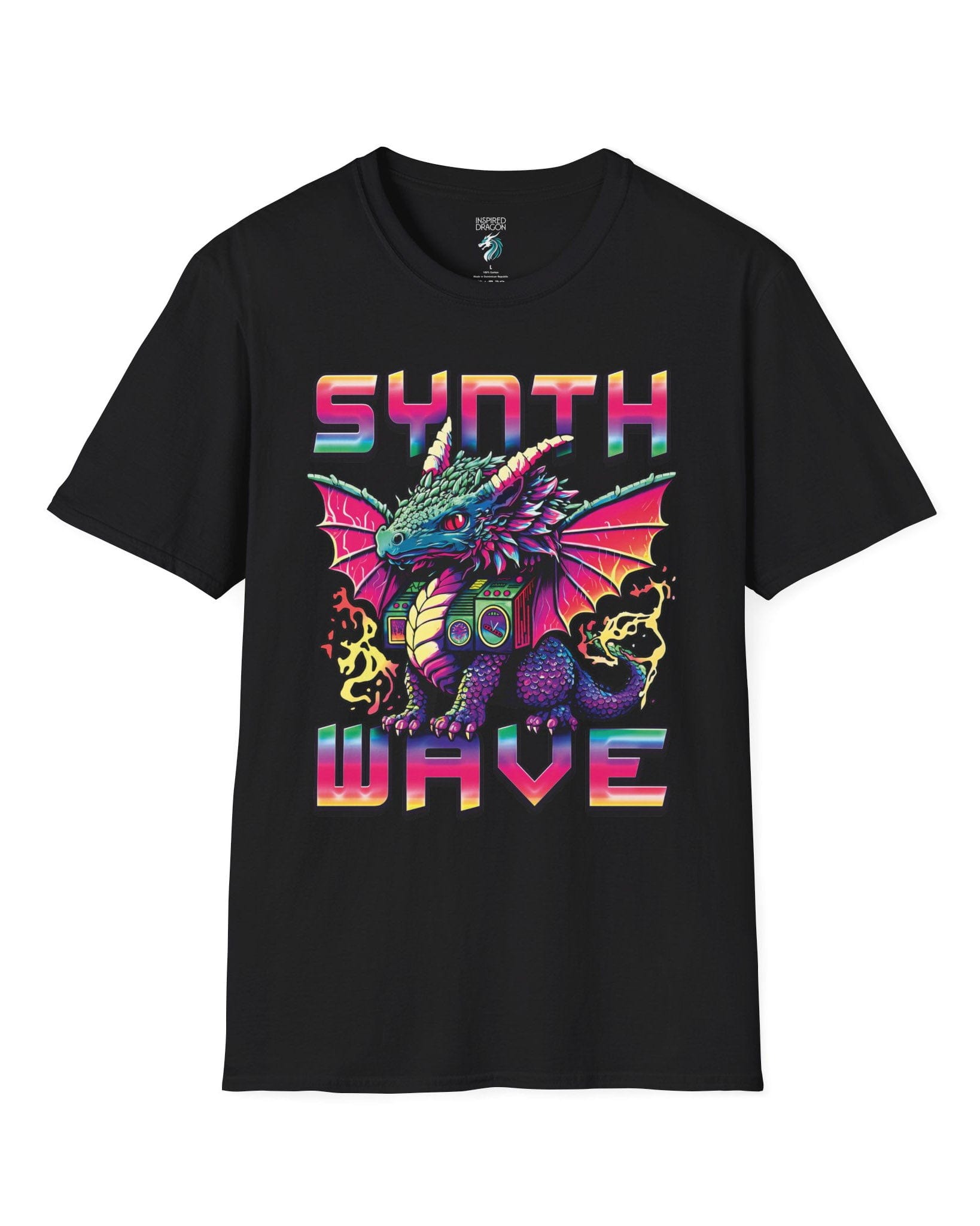Synthwave Dragon shirt in black featuring the word "SYNTHWAVE" and neon art of a young dragon with a boombox.
