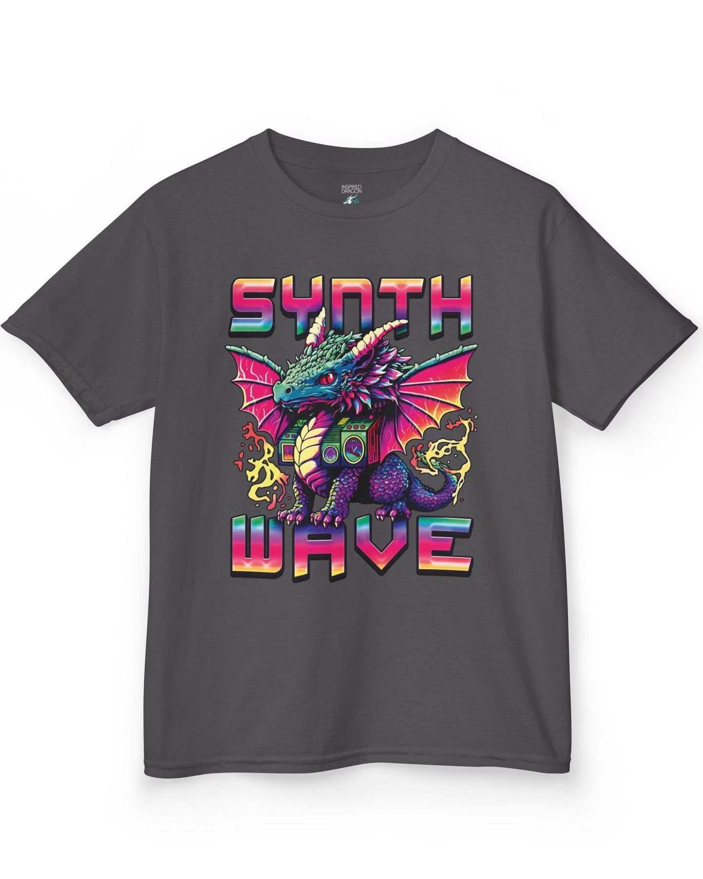 Synthwave Dragon shirt in charcoal featuring the word "SYNTHWAVE" and neon art of a young dragon with a boombox