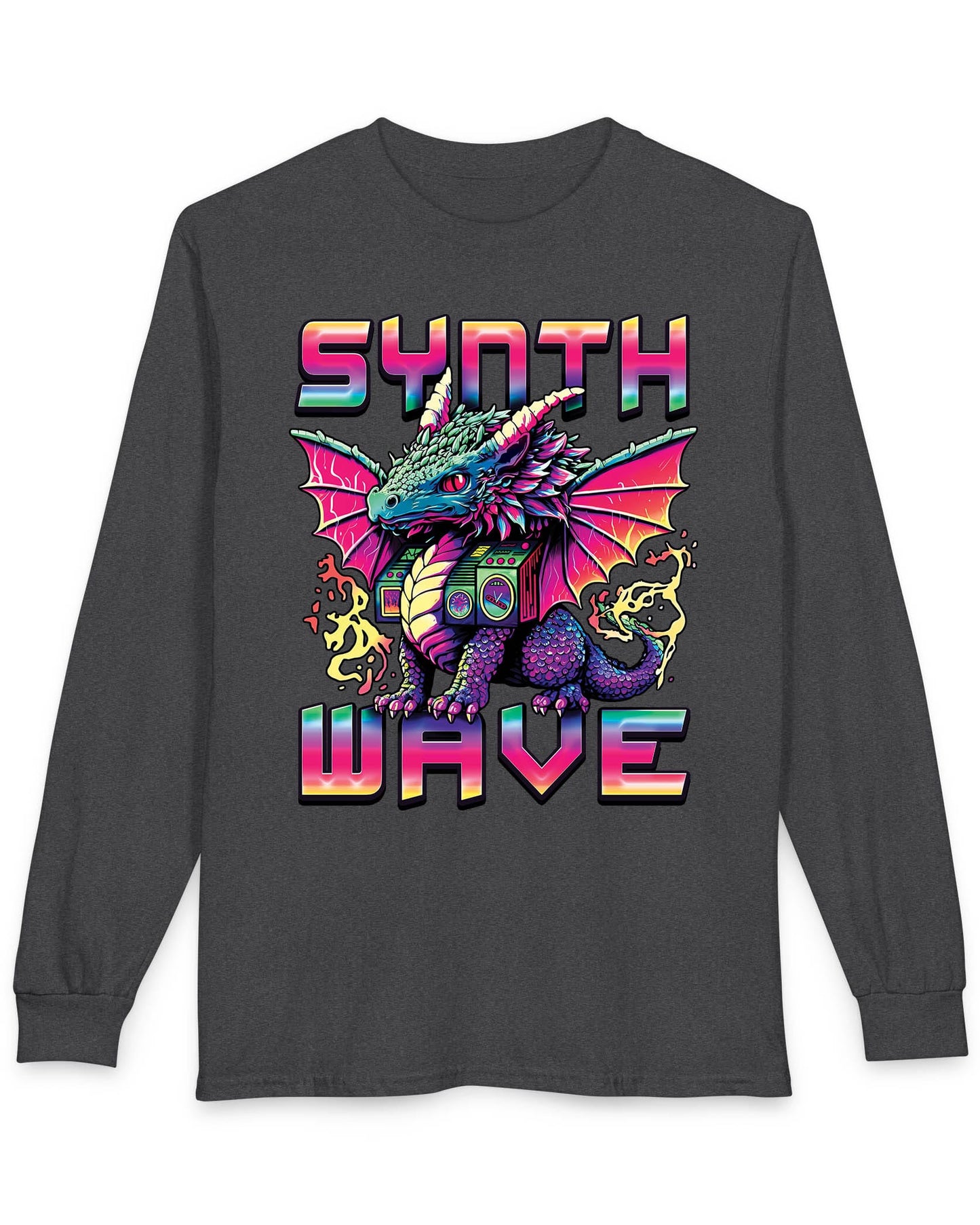 Synthwave Dragon shirt in dark heather featuring the word "SYNTHWAVE" and neon art of a young dragon with a boombox