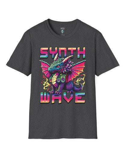 Synthwave Dragon shirt in dark heather grey featuring the word "SYNTHWAVE" and neon art of a young dragon with a boombox.
