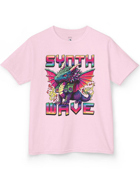 Synthwave Dragon shirt in light pink featuring the word "SYNTHWAVE" and neon art of a young dragon with a boombox