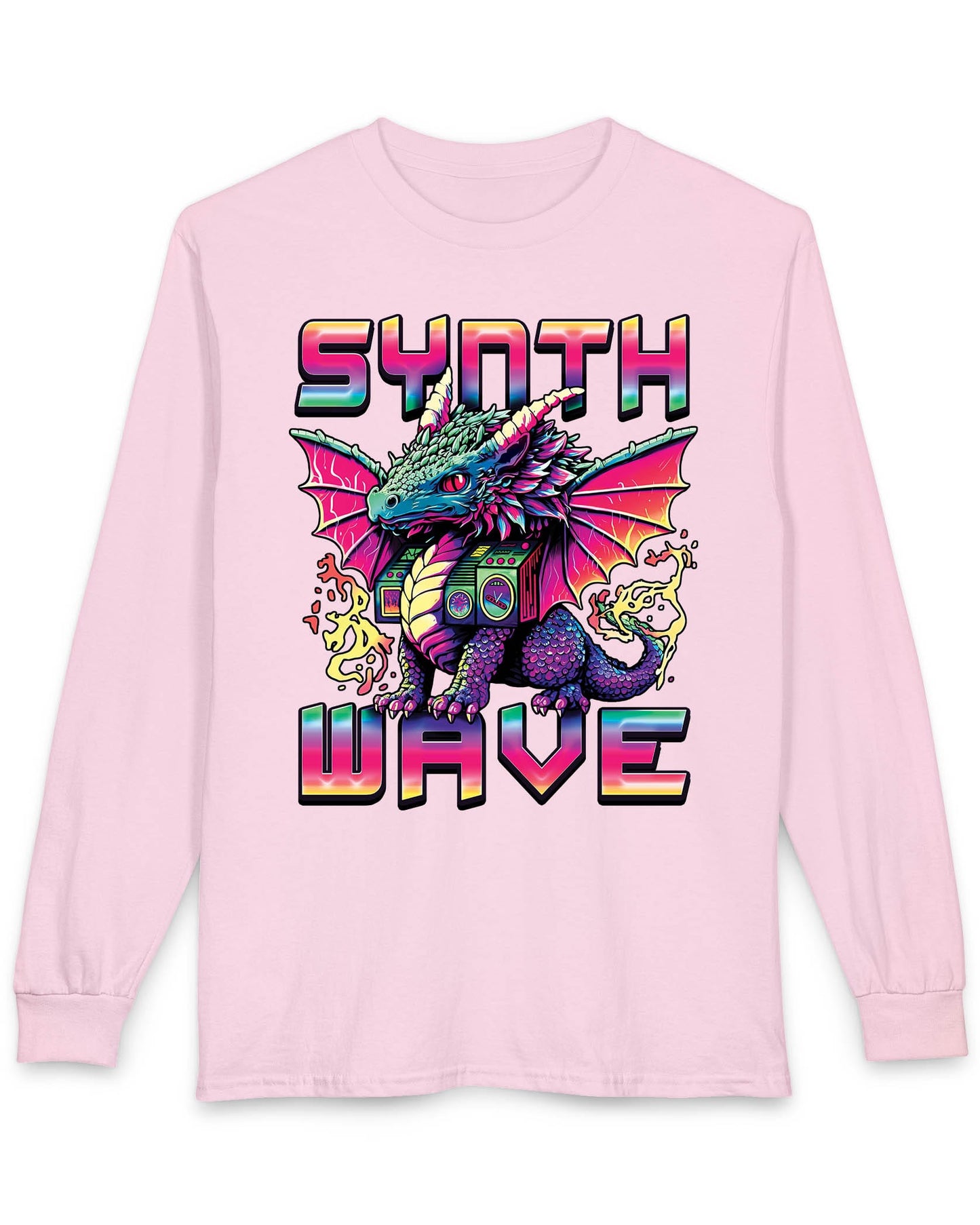 Synthwave Dragon shirt in light pink featuring the word "SYNTHWAVE" and neon art of a young dragon with a boombox
