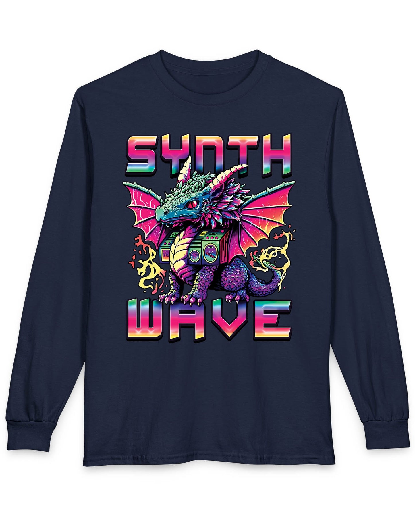 Synthwave Dragon shirt in navy featuring the word "SYNTHWAVE" and neon art of a young dragon with a boombox
