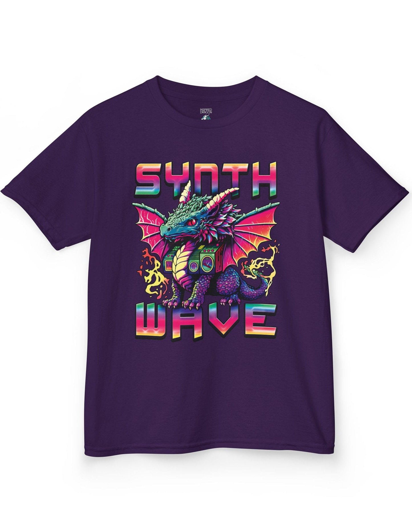 Synthwave Dragon shirt in purple featuring the word "SYNTHWAVE" and neon art of a young dragon with a boombox