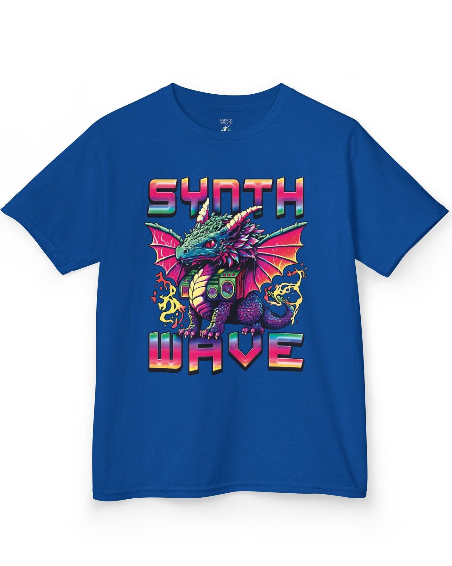 Synthwave Dragon shirt in royal blue featuring the word "SYNTHWAVE" and neon art of a young dragon with a boombox