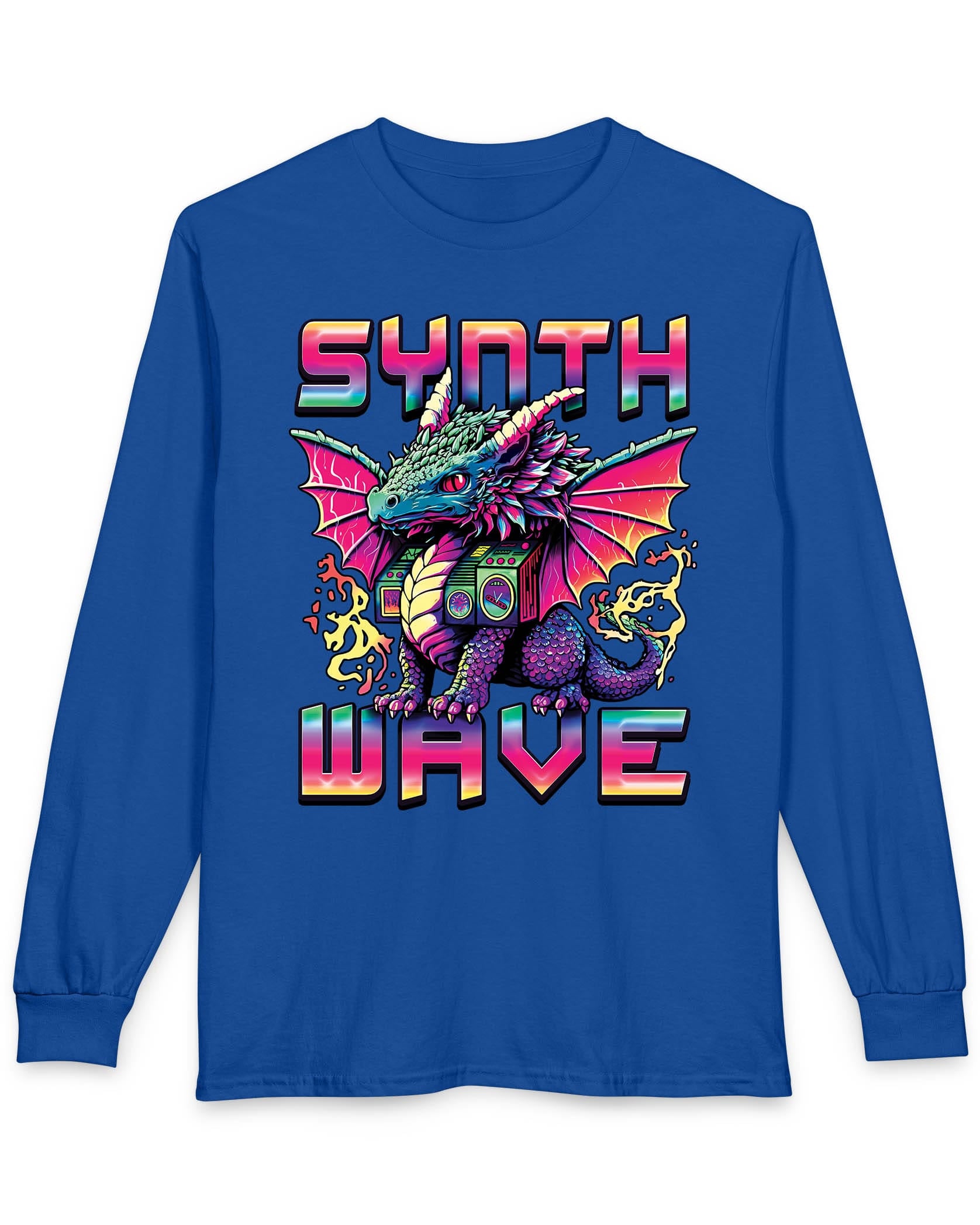 Synthwave Dragon shirt in royal blue featuring the word "SYNTHWAVE" and neon art of a young dragon with a boombox