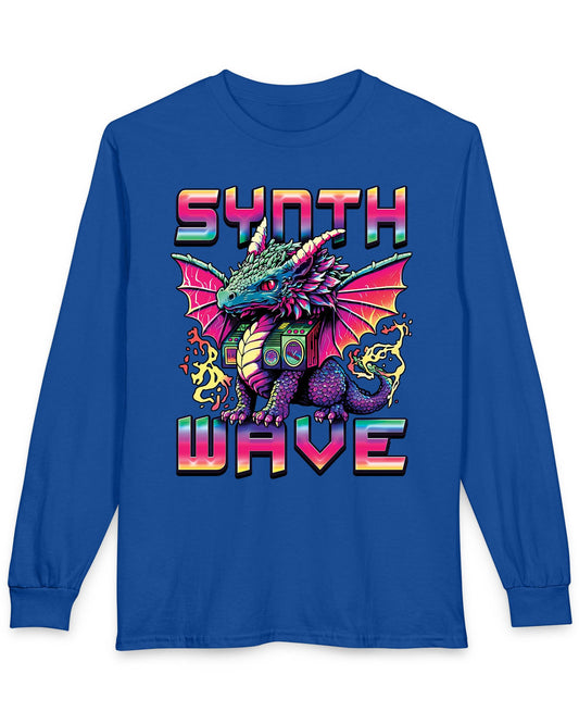 Synthwave Dragon shirt in royal blue featuring the word "SYNTHWAVE" and neon art of a young dragon with a boombox
