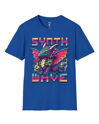 Synthwave Dragon shirt in royal blue featuring the word "SYNTHWAVE" and neon art of a young dragon with a boombox.
