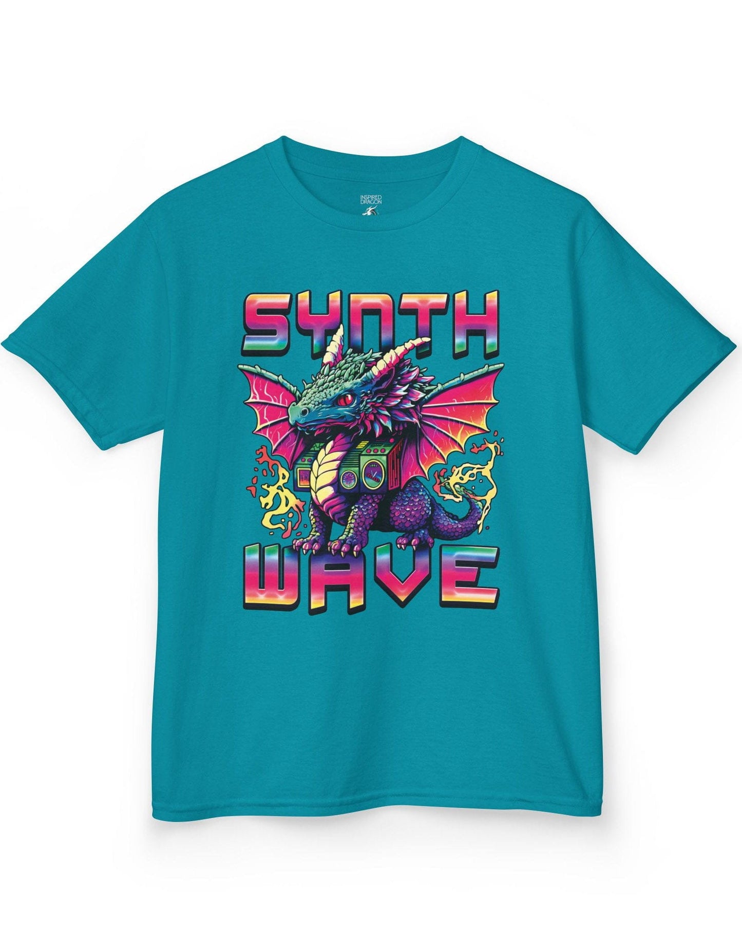 Synthwave Dragon shirt in tropical blue featuring the word "SYNTHWAVE" and neon art of a young dragon with a boombox
