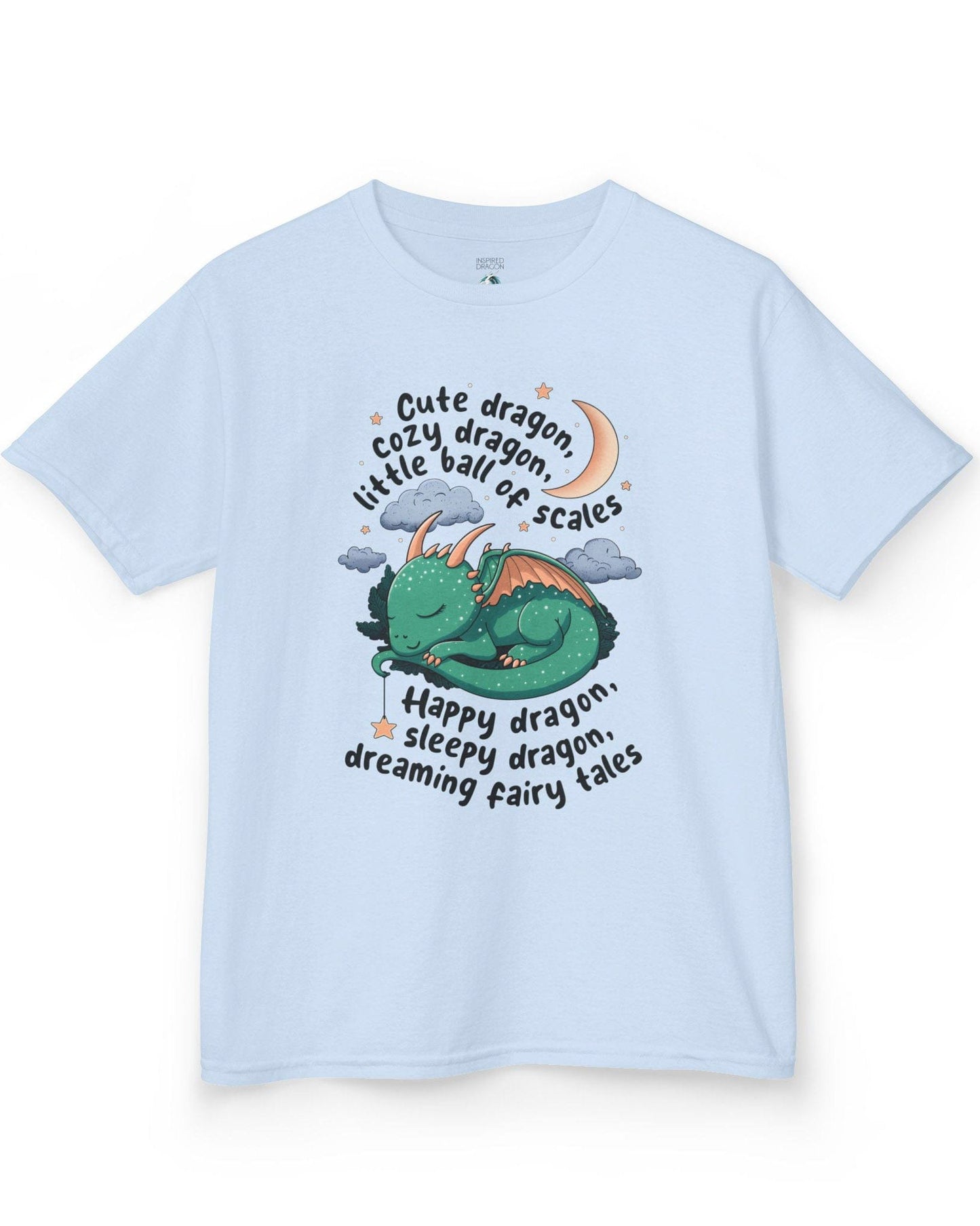 Sleepy Dragon shirt in light blue featuring a cute baby dragon curled up under the moon and stars with playful rhyming text.