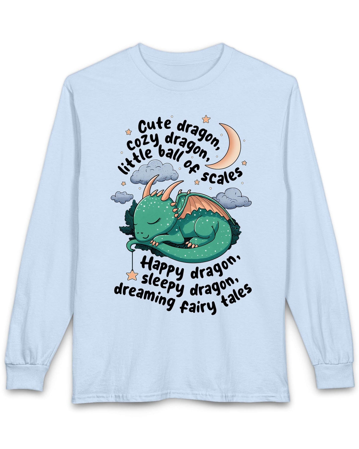 Sleepy Dragon shirt in light blue featuring a cute baby dragon curled up under the moon and stars with playful rhyming text.