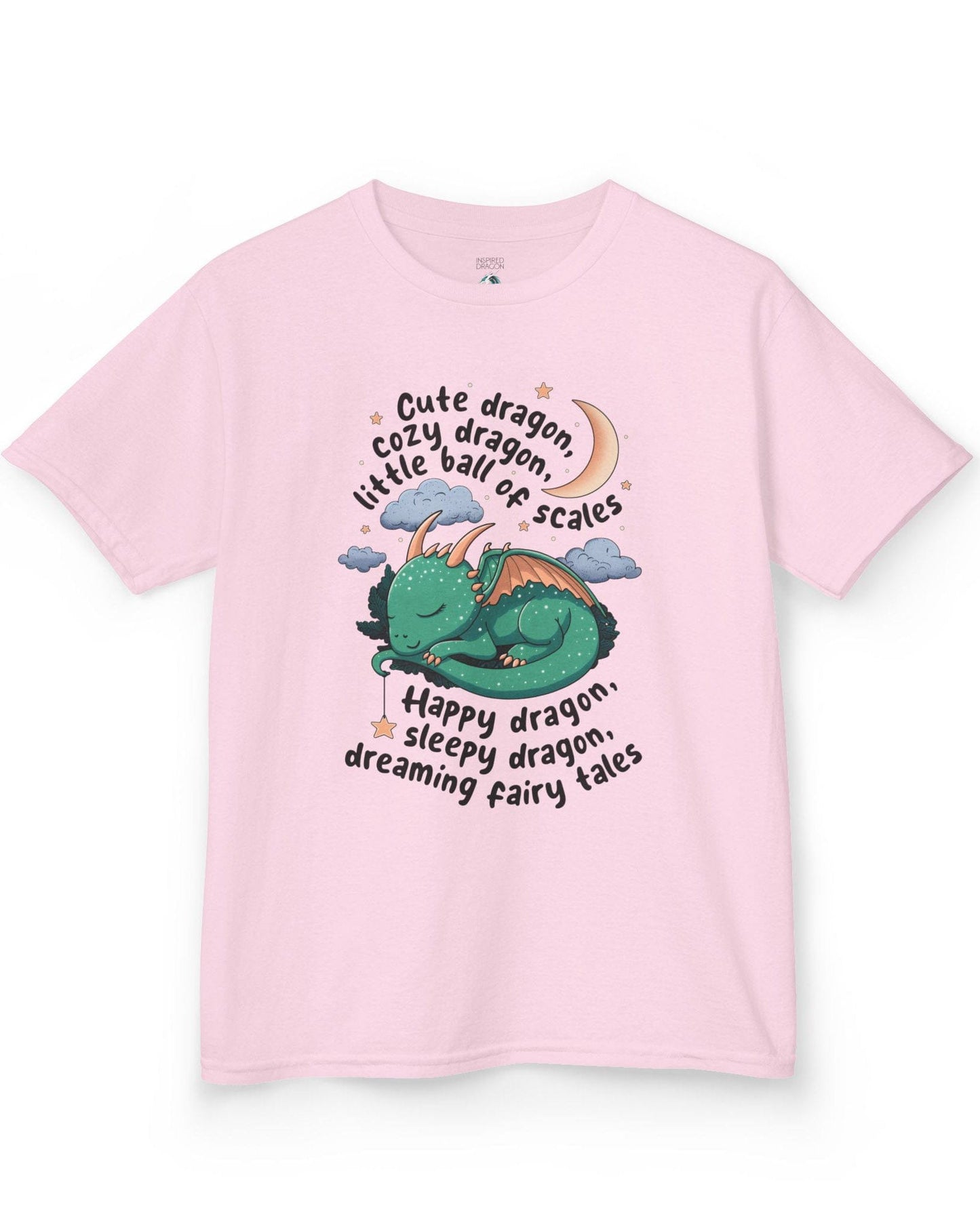 Sleepy Dragon shirt in light pink featuring a cute baby dragon curled up under the moon and stars with playful rhyming text.