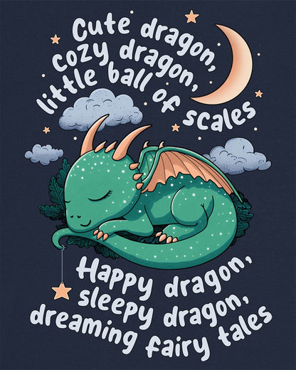 Sleepy Dragon shirt in navy featuring a cute baby dragon curled up under the moon and stars with playful rhyming text.