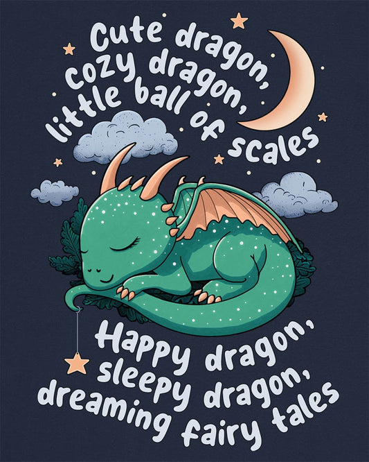 Sleepy Dragon shirt in navy featuring a cute baby dragon curled up under the moon and stars with playful rhyming text.