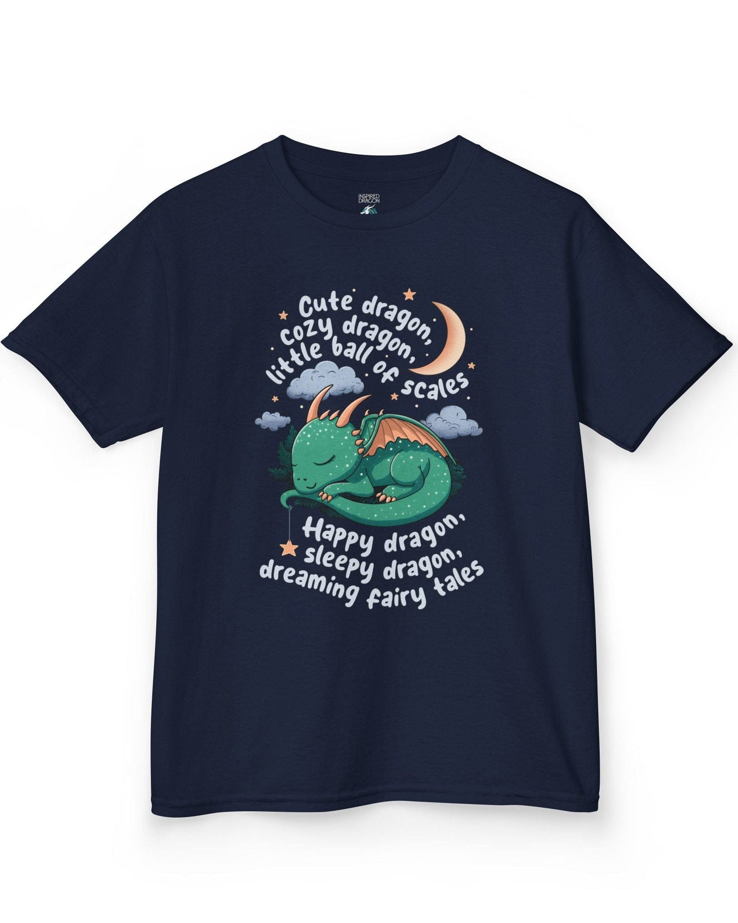 Sleepy Dragon shirt in navy featuring a cute baby dragon curled up under the moon and stars with playful rhyming text.