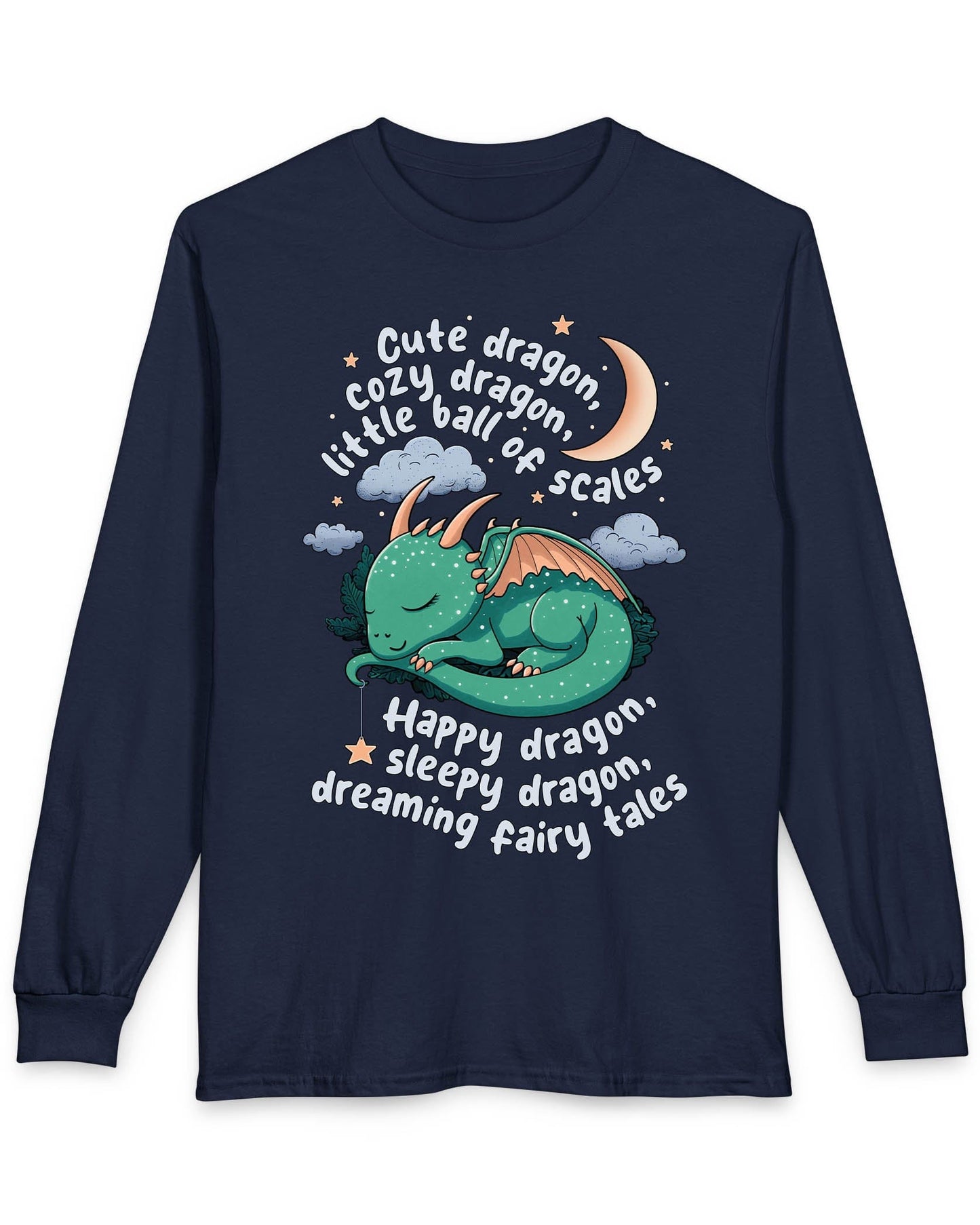 Sleepy Dragon shirt in navy featuring a cute baby dragon curled up under the moon and stars with playful rhyming text.