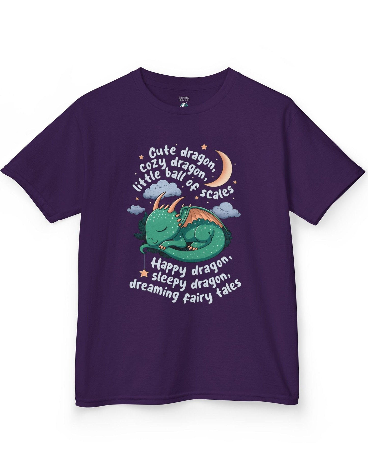 Sleepy Dragon shirt in purple featuring a cute baby dragon curled up under the moon and stars with playful rhyming text.