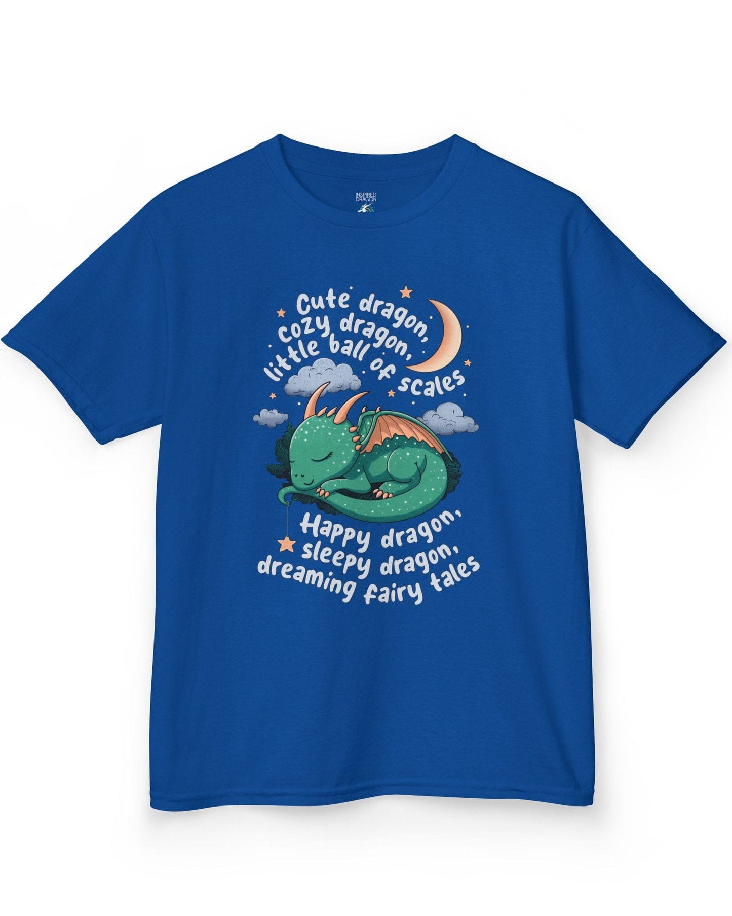 Sleepy Dragon shirt in royal blue featuring a cute baby dragon curled up under the moon and stars with a playful rhyme.