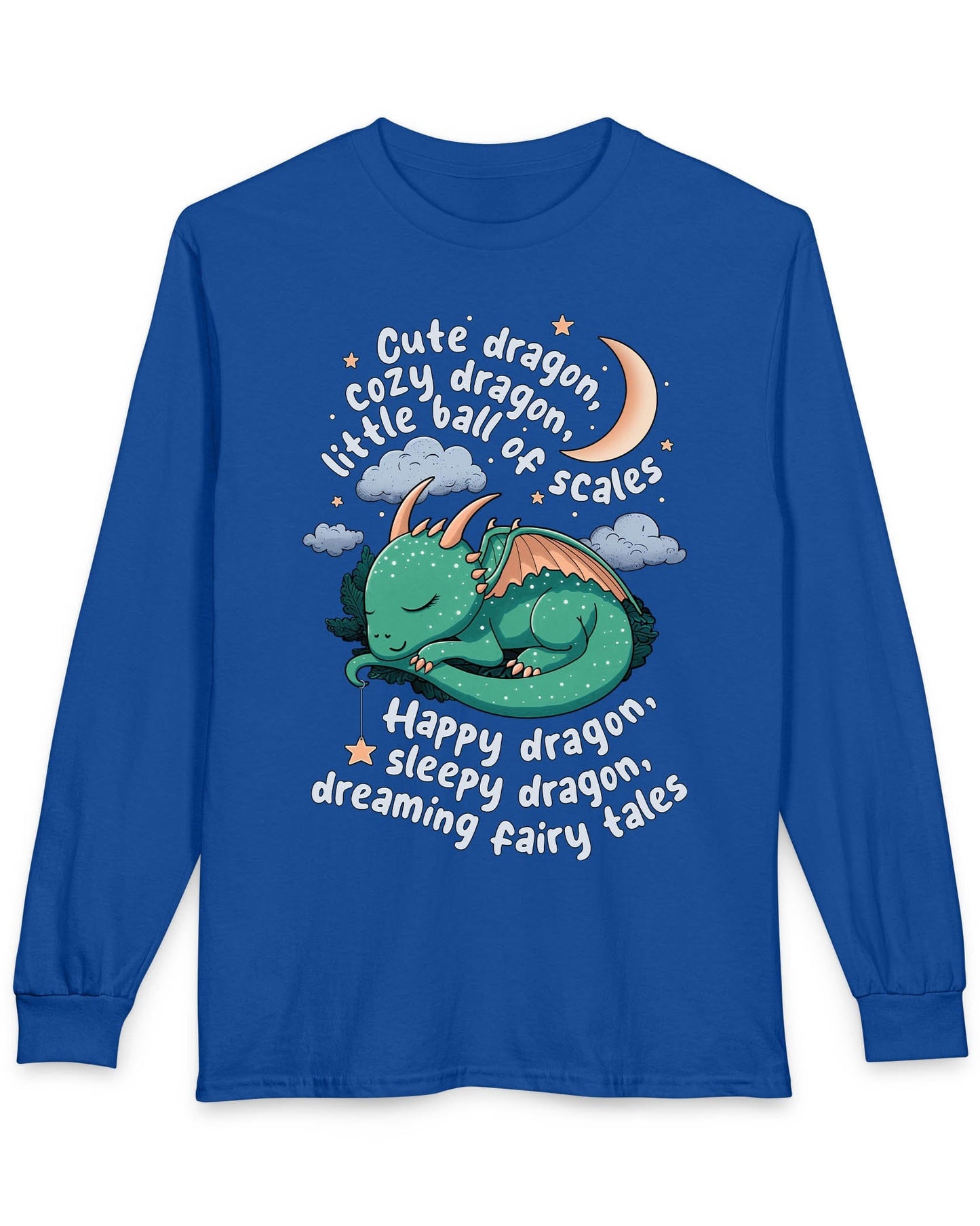 Sleepy Dragon shirt in royal blue featuring a cute baby dragon curled up under the moon and stars with playful rhyming text.