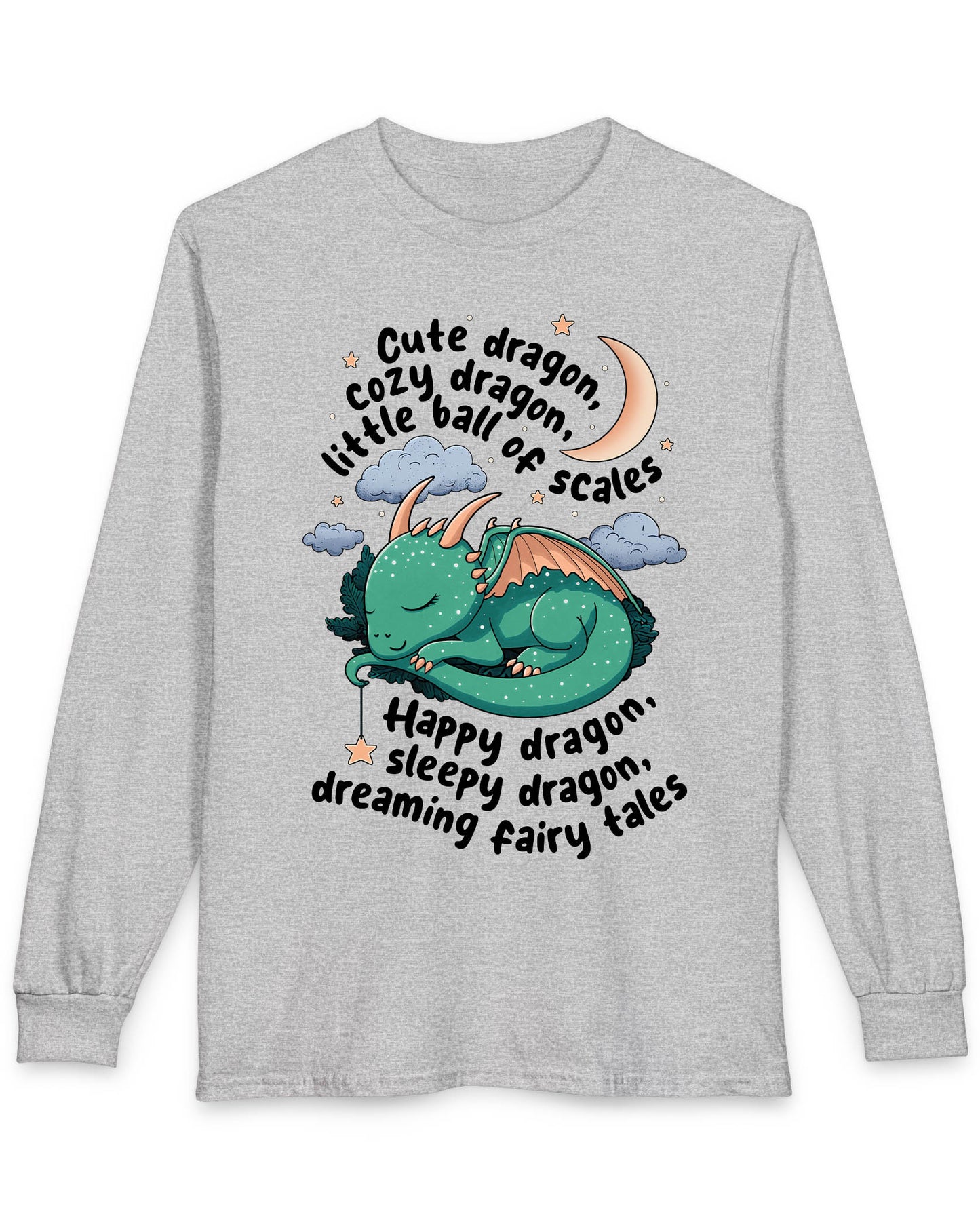 Sleepy Dragon shirt in sport grey featuring a cute baby dragon curled up under the moon and stars with playful rhyming text.