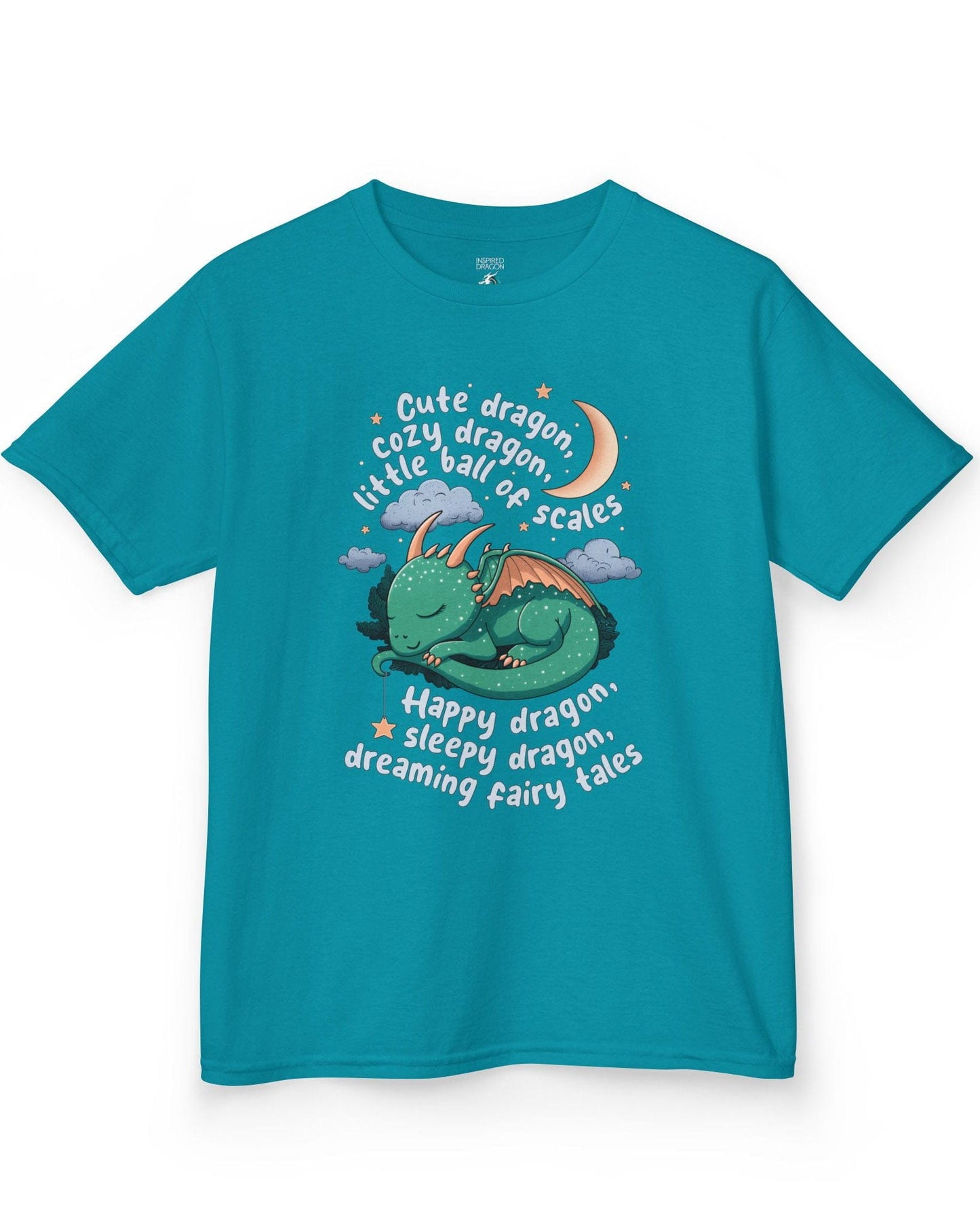 Sleepy Dragon shirt in tropical blue featuring a cute baby dragon curled up under the moon and stars with a playful rhyme.