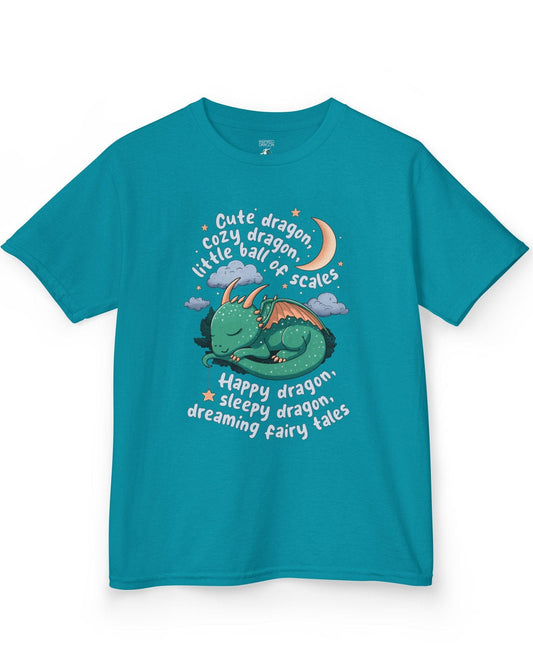 Sleepy Dragon shirt in tropical blue featuring a cute baby dragon curled up under the moon and stars with a playful rhyme.