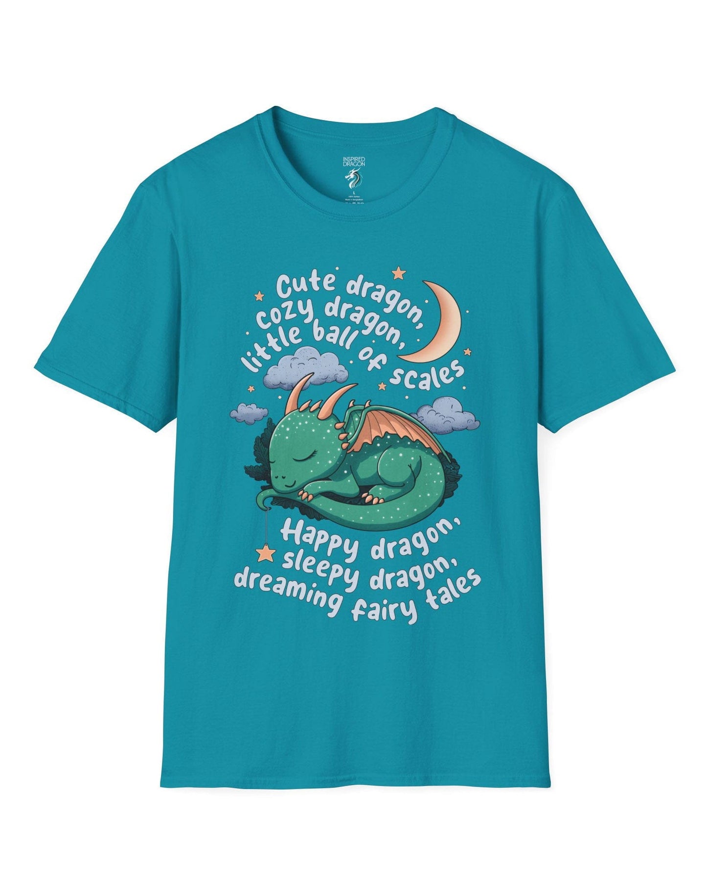 Sleepy Dragon shirt in tropical blue featuring a cute baby dragon curled up under moon and stars with playful rhyming text.