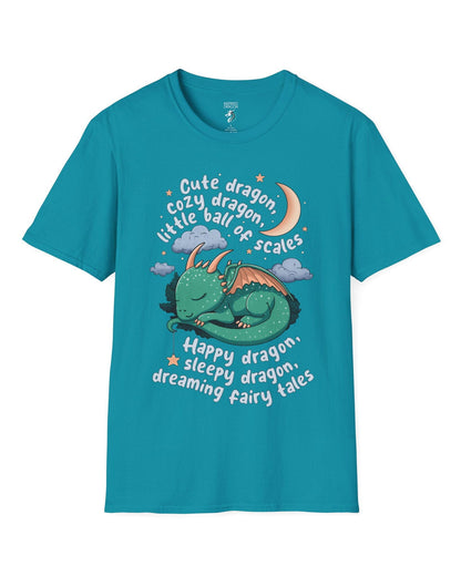 Sleepy Dragon shirt in tropical blue featuring a cute baby dragon curled up under moon and stars with playful rhyming text.