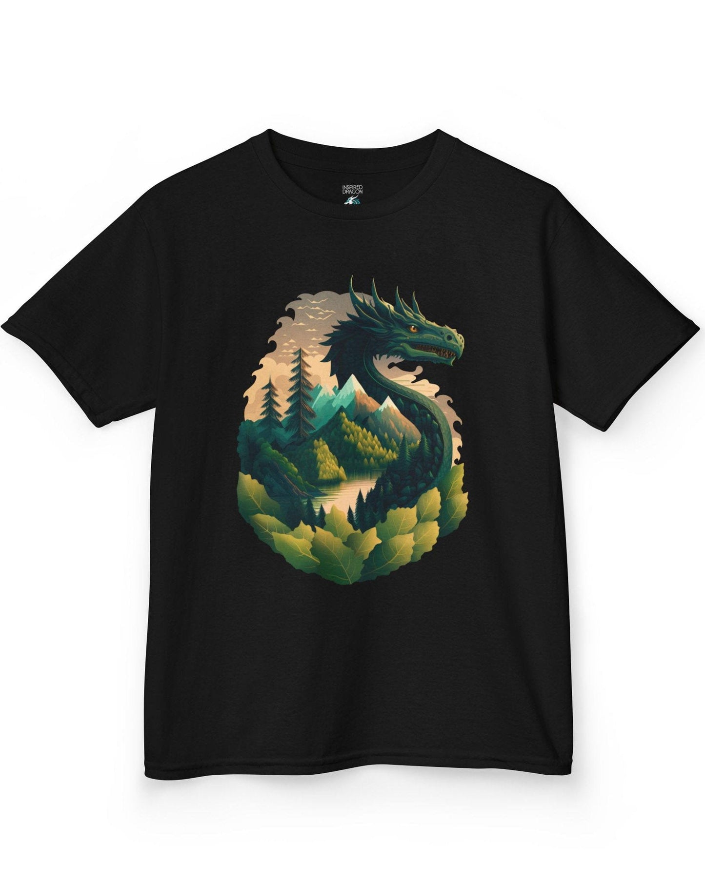 Go Green Dragon shirt in black featuring a green dragon blending into a mountain landscape with trees and a lake