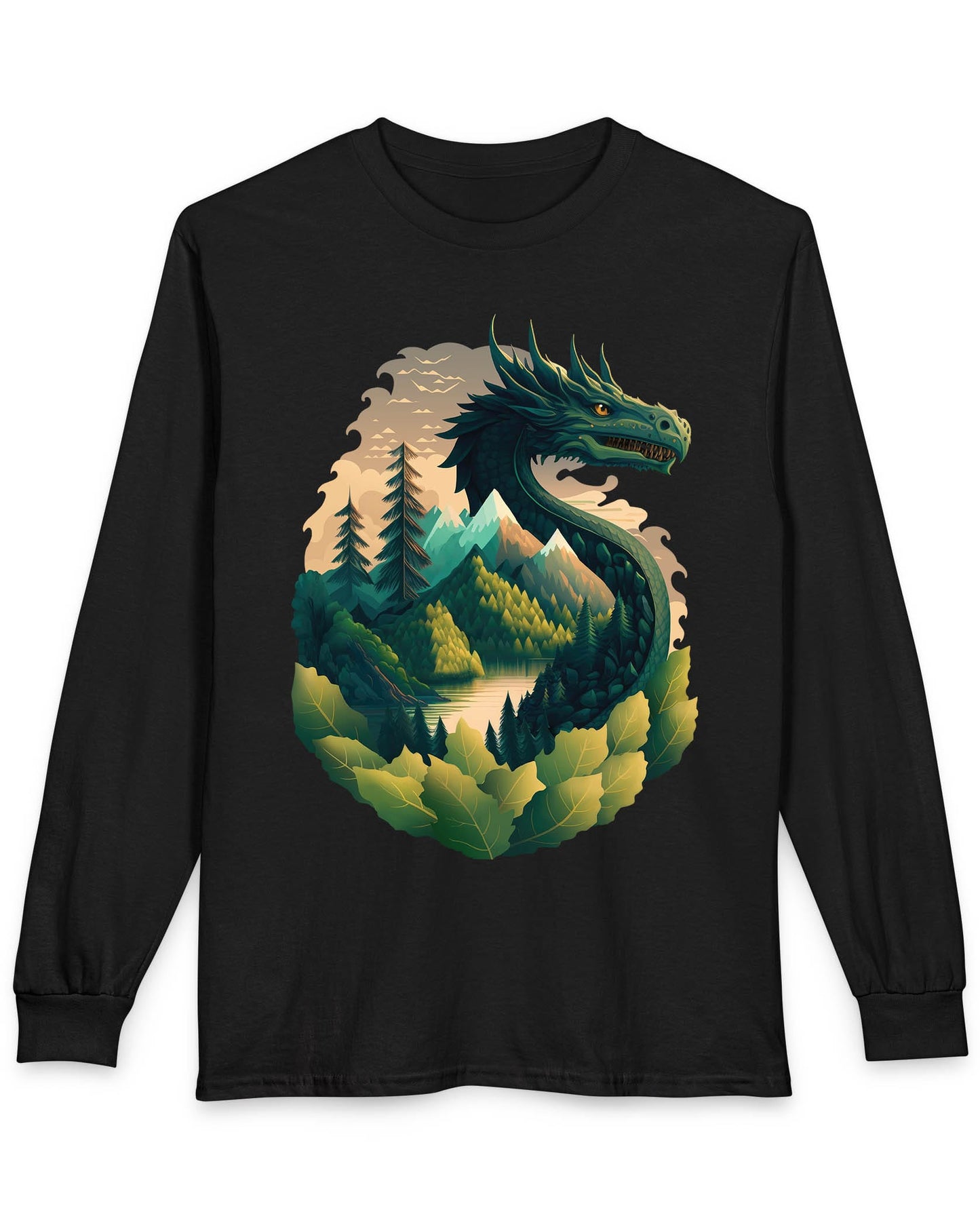 Go Green Dragon shirt in black featuring a green dragon blending into a mountain landscape with trees and a lake