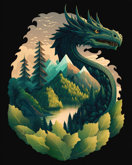 Go Green Dragon shirt in black featuring a green dragon blending into a mountain landscape with trees and a lake.