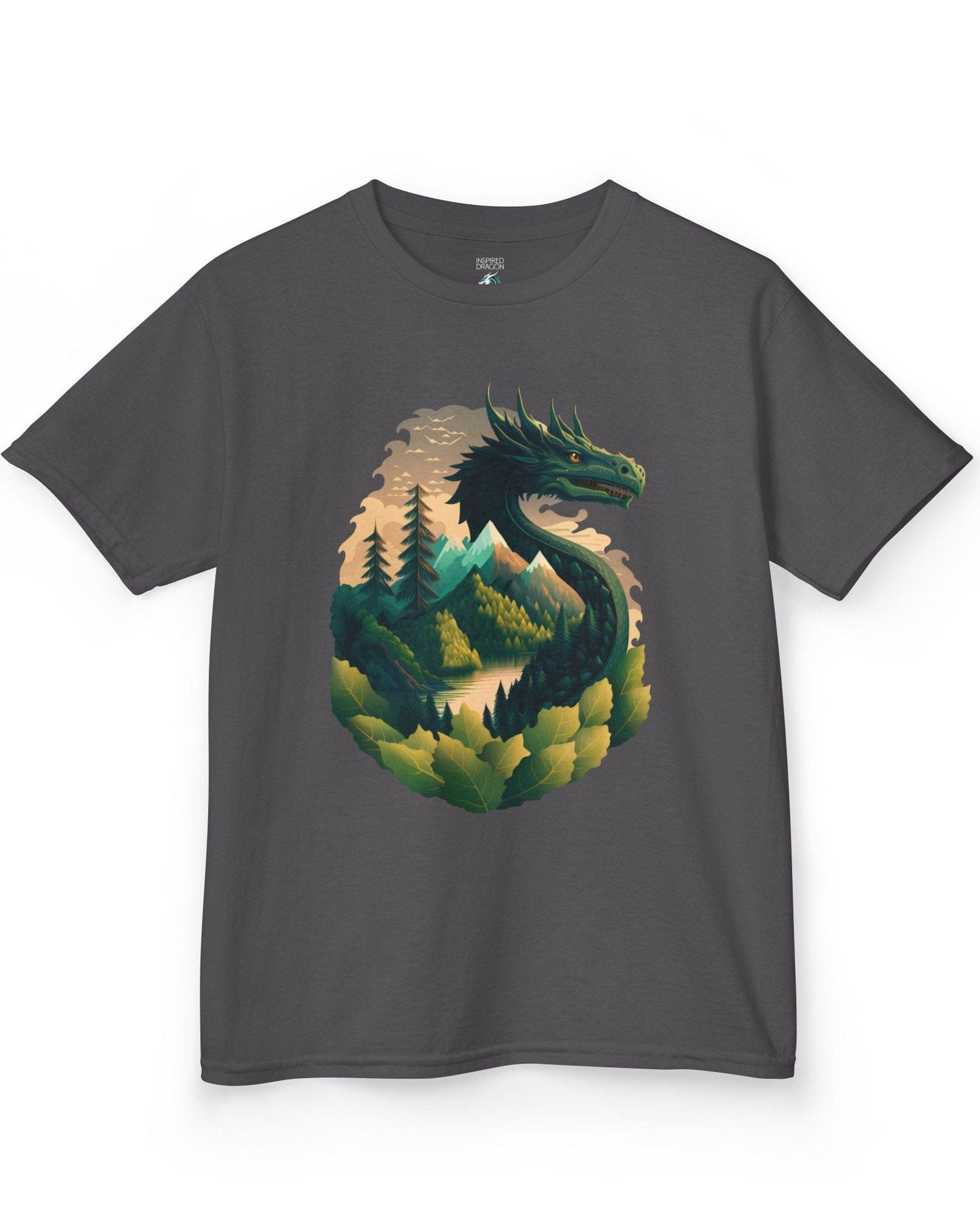 Go Green Dragon shirt in charcoal featuring a green dragon blending into a mountain landscape with trees and a lake