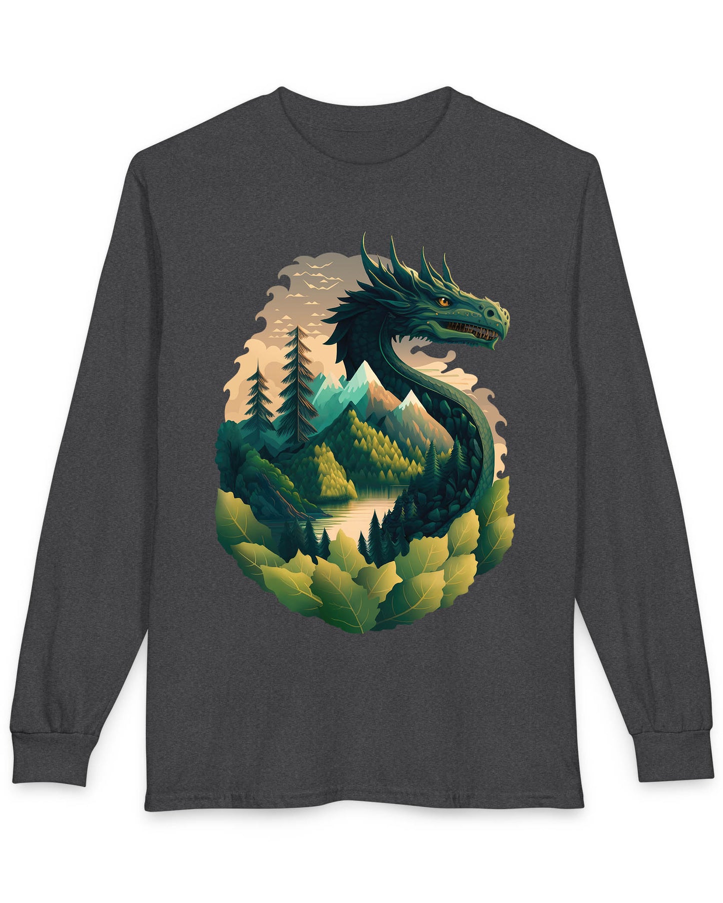 Go Green Dragon shirt in dark heather featuring a green dragon blending into a mountain landscape with trees and a lake