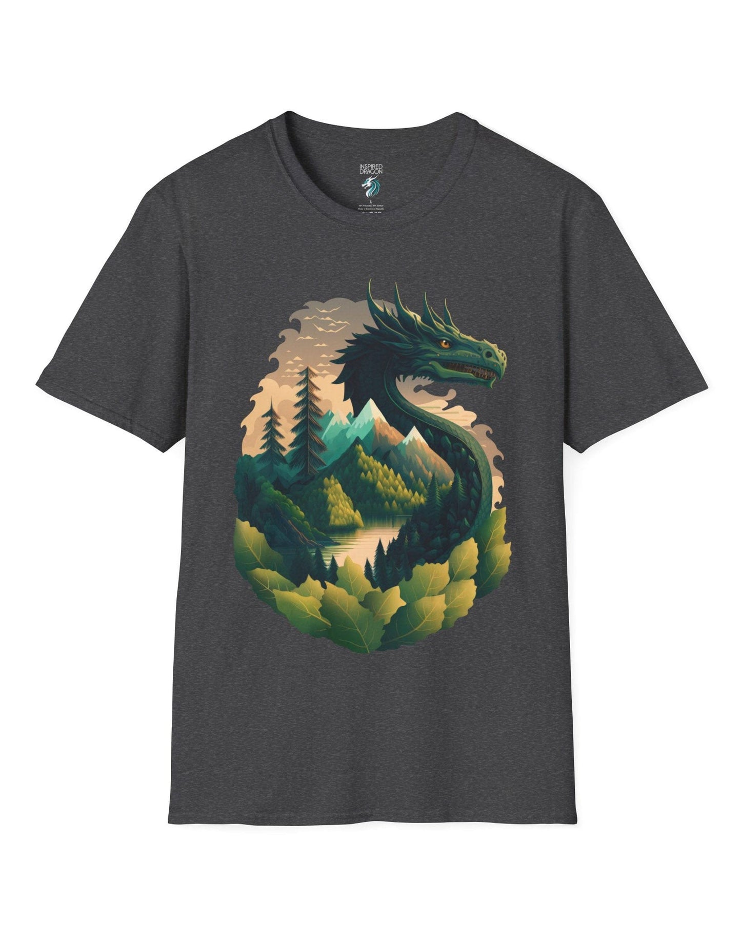 Go Green Dragon shirt in dark heather grey featuring a green dragon blending into a mountain landscape with trees and a lake.
