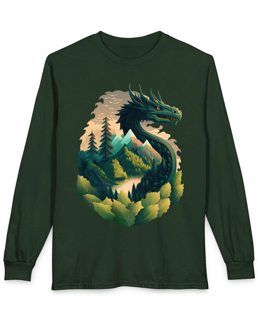 Go Green Dragon shirt in forest green featuring a green dragon blending into a mountain landscape with trees and a lake