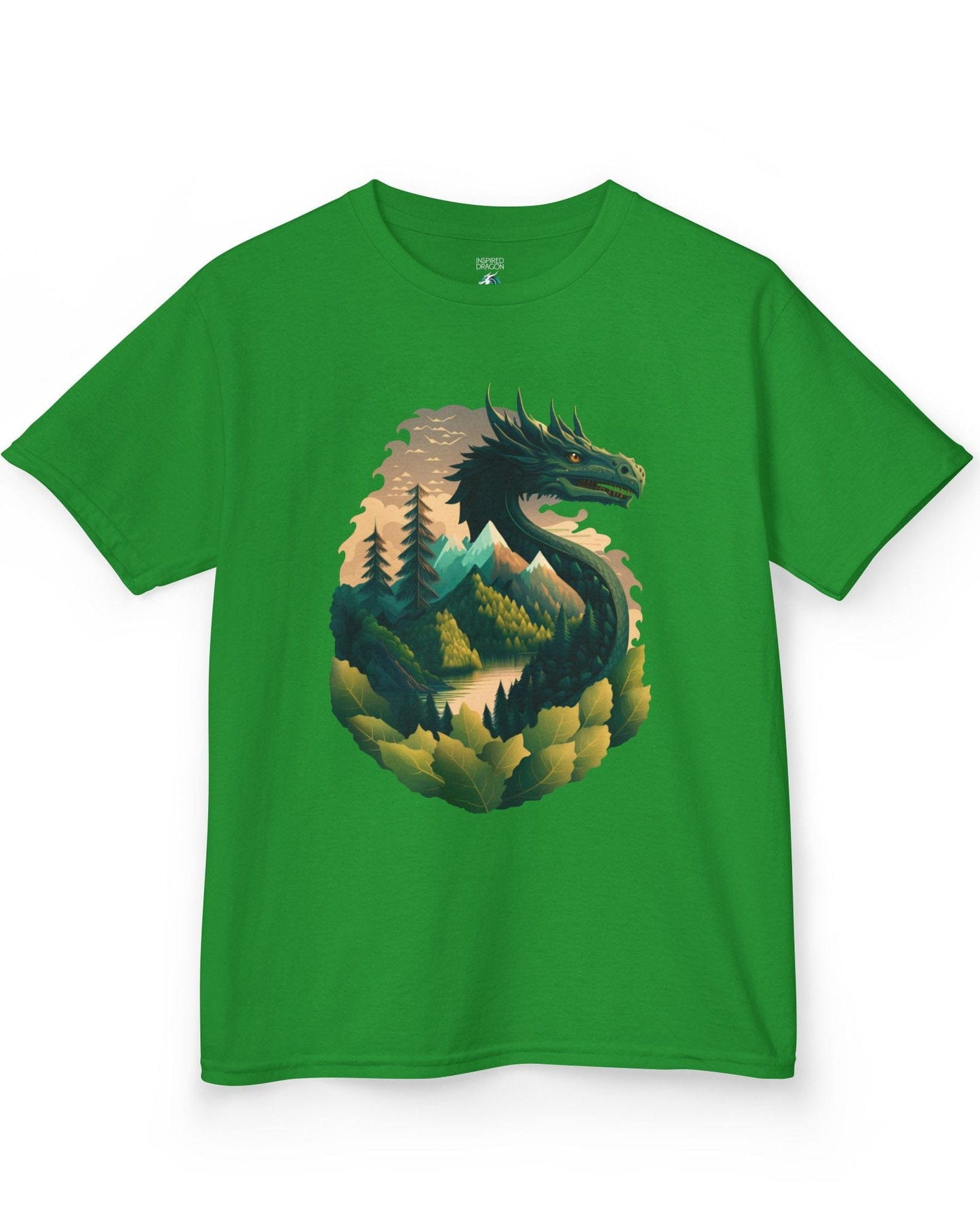 Go Green Dragon shirt in Irish green featuring a green dragon blending into a mountain landscape with trees and a lake