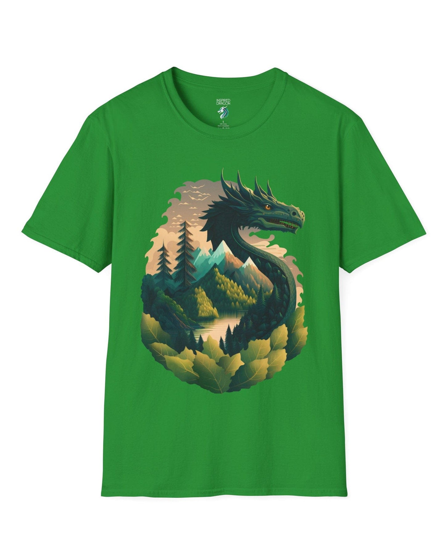 Go Green Dragon shirt in Irish green featuring a green dragon blending into a mountain landscape with trees and a lake