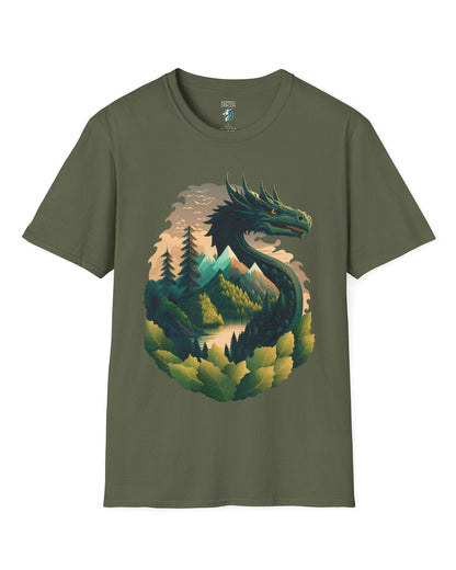 Go Green Dragon shirt in military green featuring a green dragon blending into a mountain landscape with trees and a lake.
