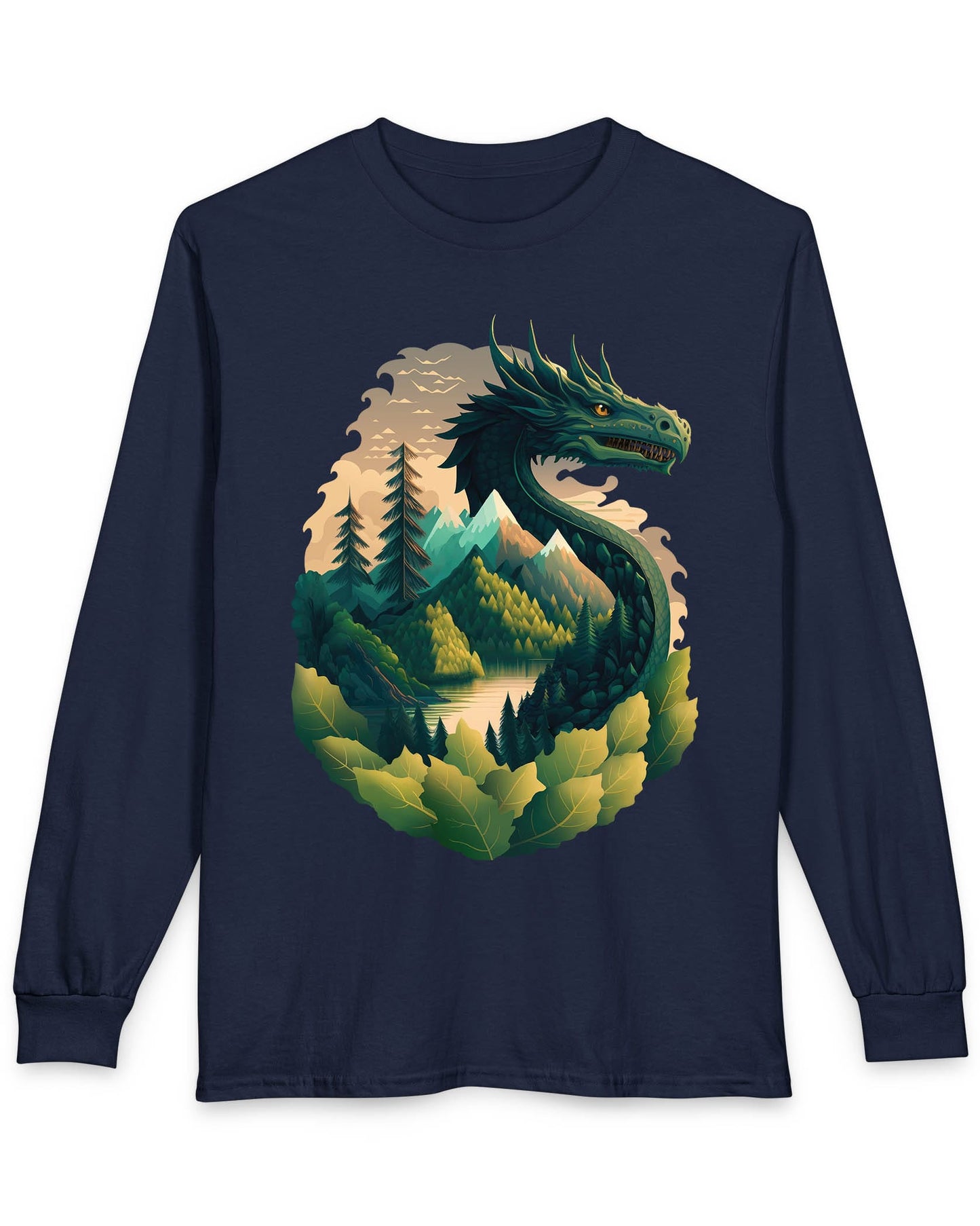 Go Green Dragon shirt in navy featuring a green dragon blending into a mountain landscape with trees and a lake