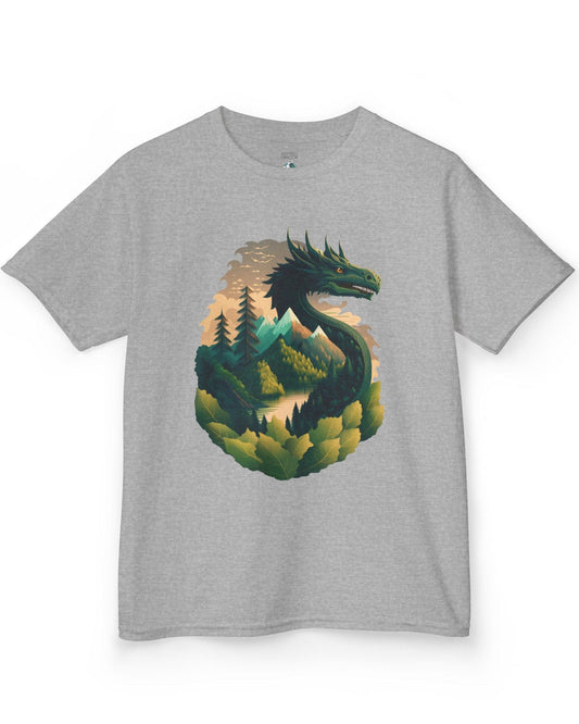 Go Green Dragon shirt in sport grey featuring a green dragon blending into a mountain landscape with trees and a lake